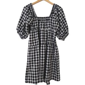 Gingham Black & White Puff Sleeve Square Neck Tiered Dress- Size L